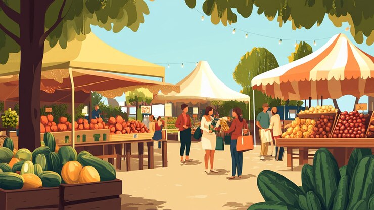 PSD un día soleado en un bullicioso mercado de agricultores al aire libre, los compradores buscan productos frescos bajo tiendas de campaña sombreadas
