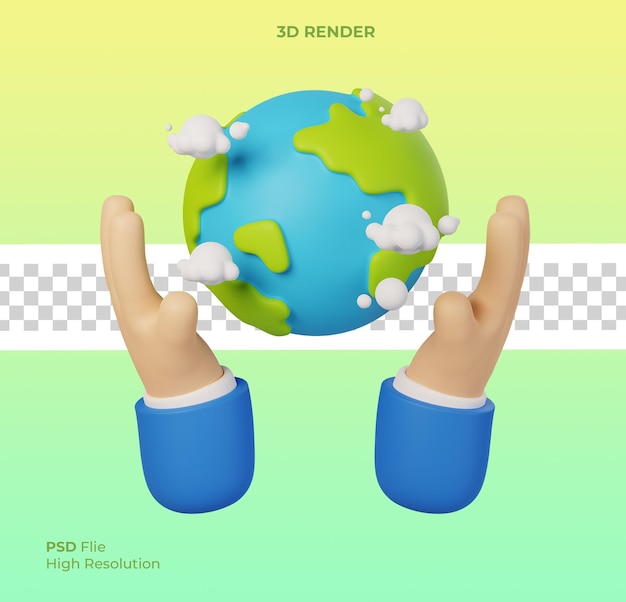 PSD día de la tierra salvar el concepto de medio ambiente mundial manos humanas sosteniendo globo con nube aislada 3d render