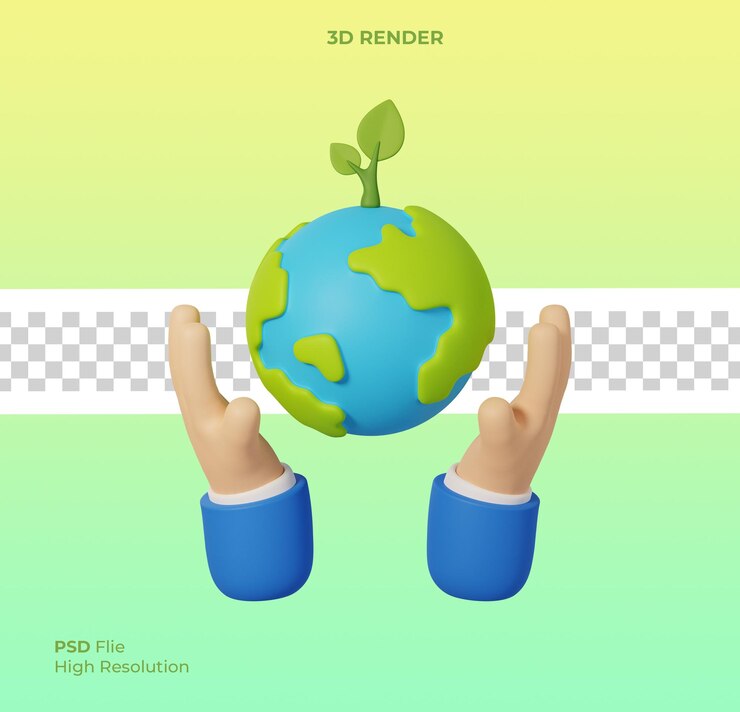 PSD día de la tierra salvar el concepto de medio ambiente mundial manos humanas sosteniendo globo con plántulas aisladas 3d render