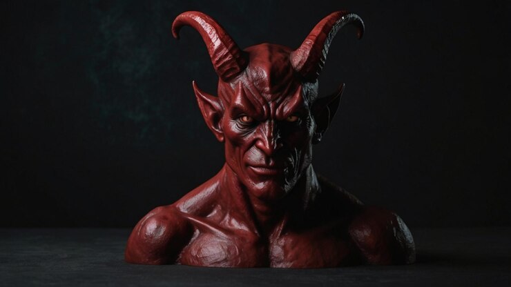 PSD un diablo con cuernos y cuernos está sentado en un fondo negro