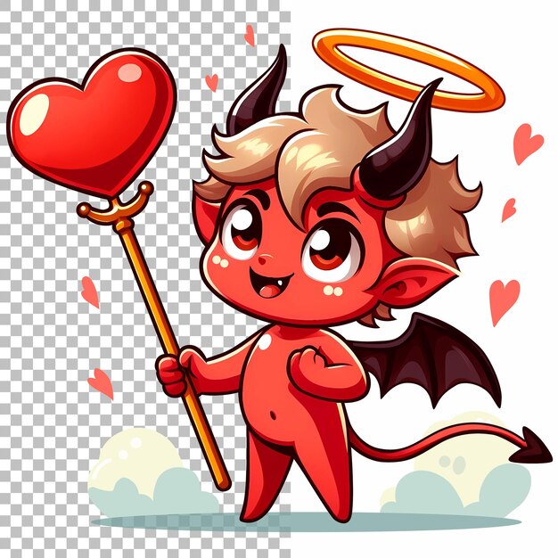 diablo con cuernos dulces con corazón personaje de dibujos animados de amor vectorial