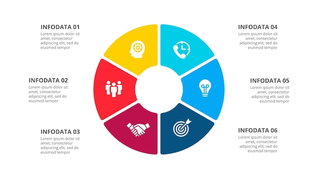 Diagrama de ciclo dividido en 6 sectores concepto de diseño de seis pasos o partes de infografía comercial