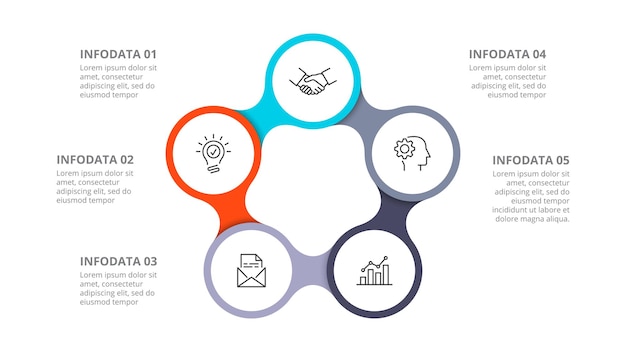 PSD diagrama con cinco círculos ciclo elemento infográfico dividido en 5 opciones