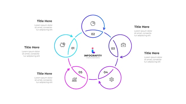 Diagrama de cinco pasos de ciclo con íconos y títulos Presentación de plantillas infográficas