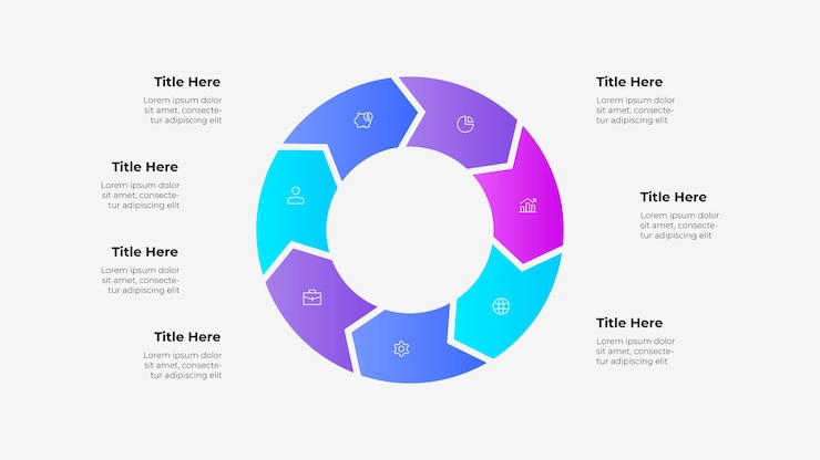 PSD diagrama circular colorido con 7 segmentos y elementos infográficos mínimos