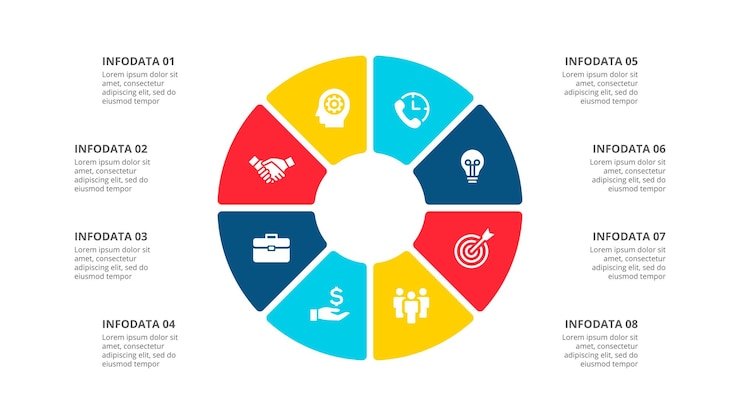 PSD diagrama de círculo dividido en 8 opciones plantilla de infografía de ciclo abstracto