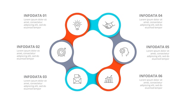 PSD diagrama com elemento infográfico de ciclo de seis círculos dividido em 6 opções