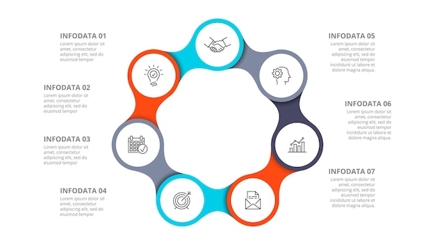 PSD diagrama com elemento infográfico de ciclo de sete círculos dividido em 7 opções