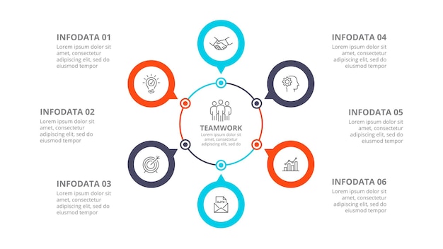 Diagrama de ciclo com modelo de design infográfico de 6 círculos com seis etapas ou opções