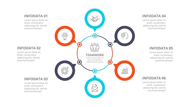 Diagrama de ciclo com modelo de design infográfico de 6 círculos com seis etapas ou opções