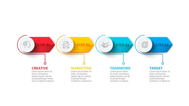 PSD diagrama de progresso horizontal com 4 setas modelo de design de infográfico criativo