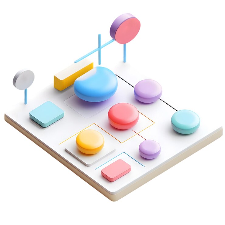 PSD diagrama de flujo 3d con formas coloridas y diseño mínimo aislado en fondo blanco visual