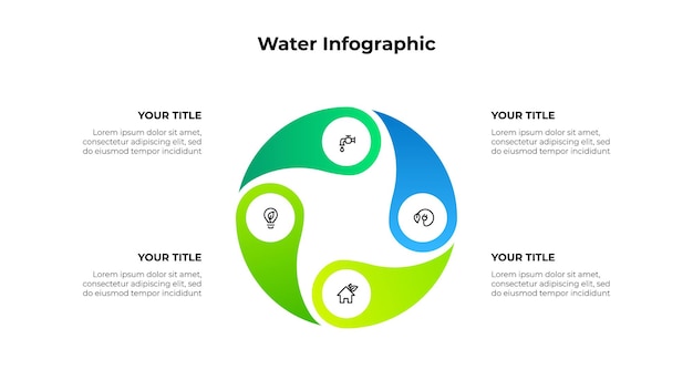 PSD diagramas de ecología del ciclo ilustración con 4 opciones de ahorro de consumo de agua.