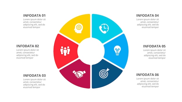 Diagramma del ciclo diviso in 6 settori Concetto di design di sei passaggi o parti dell'infografica aziendale