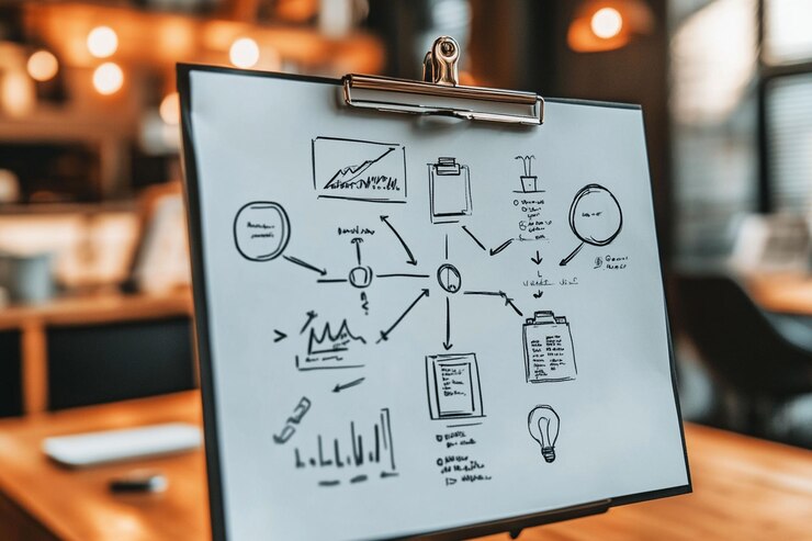 PSD diagramma di flusso del piano d'attività disegnato a mano su scheda in un caffè