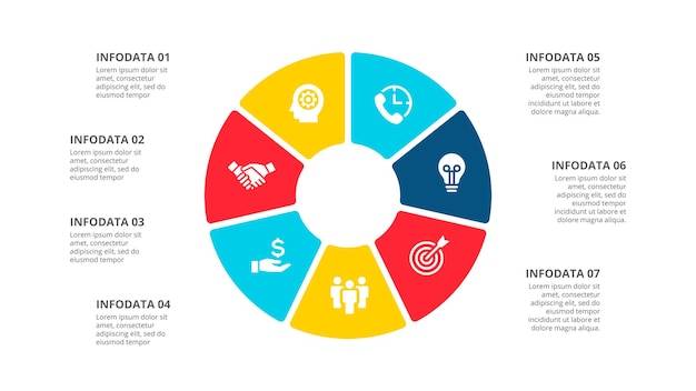 Diagramme circulaire divisé en 7 options Modèle d'infographie de cycle abstrait