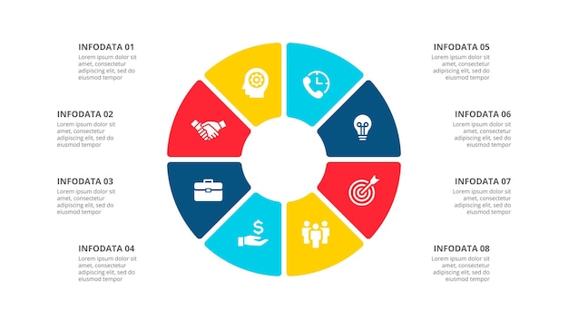 Diagramme circulaire divisé en 8 options Modèle d'infographie de cycle abstrait