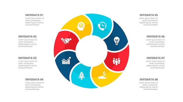 PSD diagramme circulaire divisé en 8 options modèle d'infographie de cycle abstrait