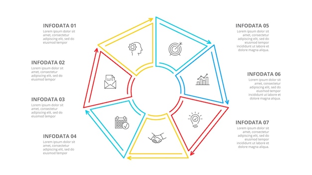 Diagramme D'heptogone De Cycle à Ligne Mince Infographique Avec 7 Options, étapes Ou Processus