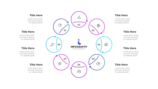 Diagramme à huit étapes avec des icônes et des titres Présentation du modèle infographique