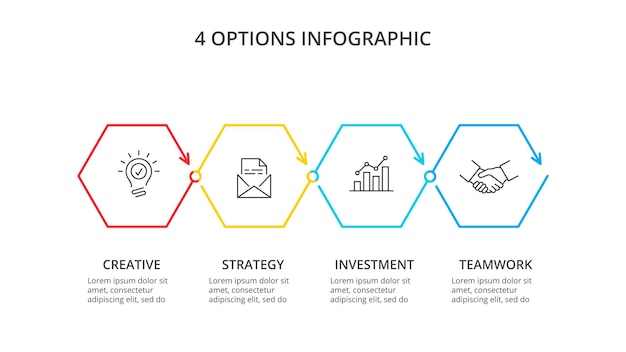 Diagramme de progression horizontale avec 4 éléments hexagones Modèle de conception infographique créative