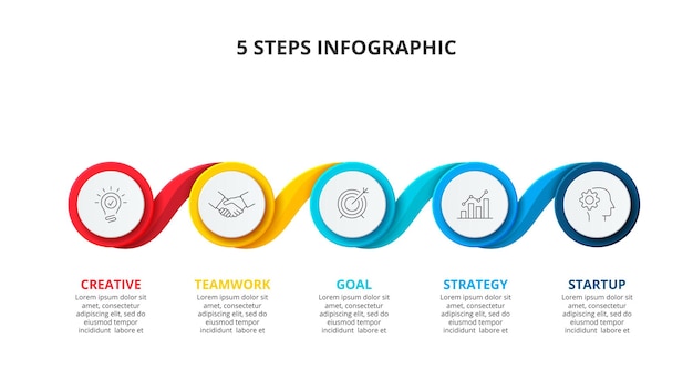 Diagramme de progression horizontale avec cinq éléments de cercle Modèle de conception infographique créative