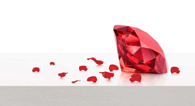 PSD diamant rouge éblouissant et pétales de rose sur une table en bois blanc sur fond transparent
