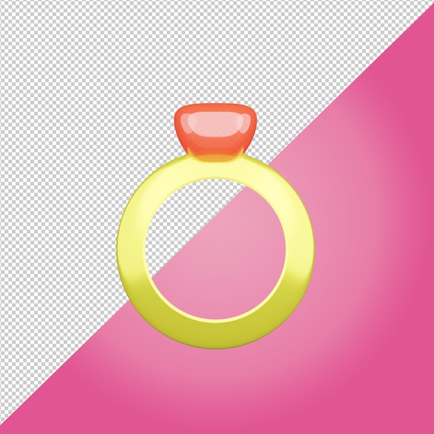 Diamant-Rubin-Ring-Symbol 3D-Rendering für Hochzeit mit isoliert auf transparentem Hintergrund