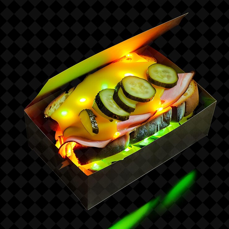 PSD diamantes de neón brillantes sándwich de raclette suizo en una decoración de comida de neón png compacta colección y2k
