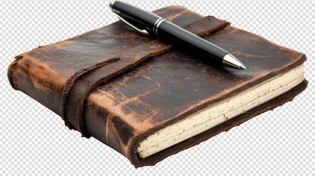 Diario de cuero usado con pluma sobre fondo blanco Perfecto para la escritura creativa y las reflexiones personales