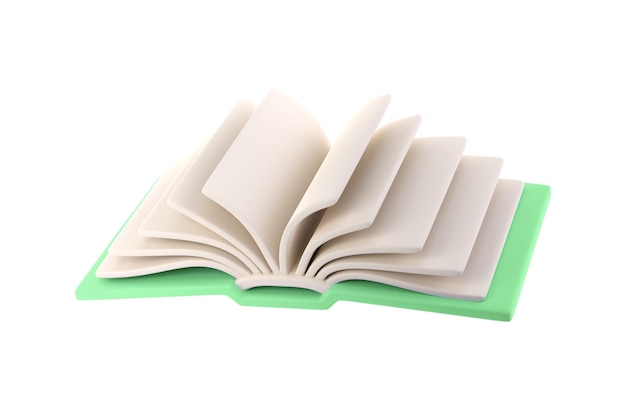 Diario scolastico con icona 3d aperta con libro verde con pagine bianche in carta bianca e segnalibro Stile minimale cartoon trasparente