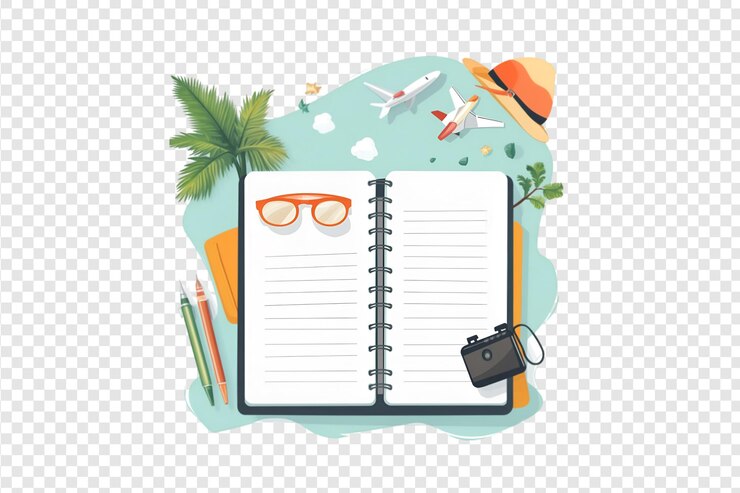 PSD diario de viaje con cámara de avión y gafas de sol sobre un fondo transparente