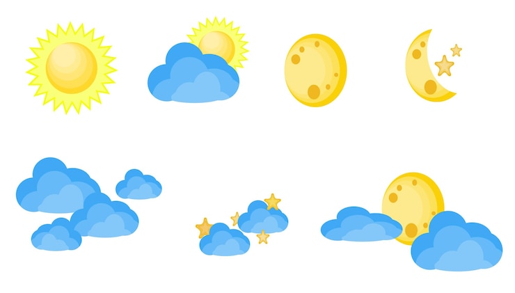 PSD dias e noites ícones do tempo sol lua nuvens e estrelas conjunto vetorial