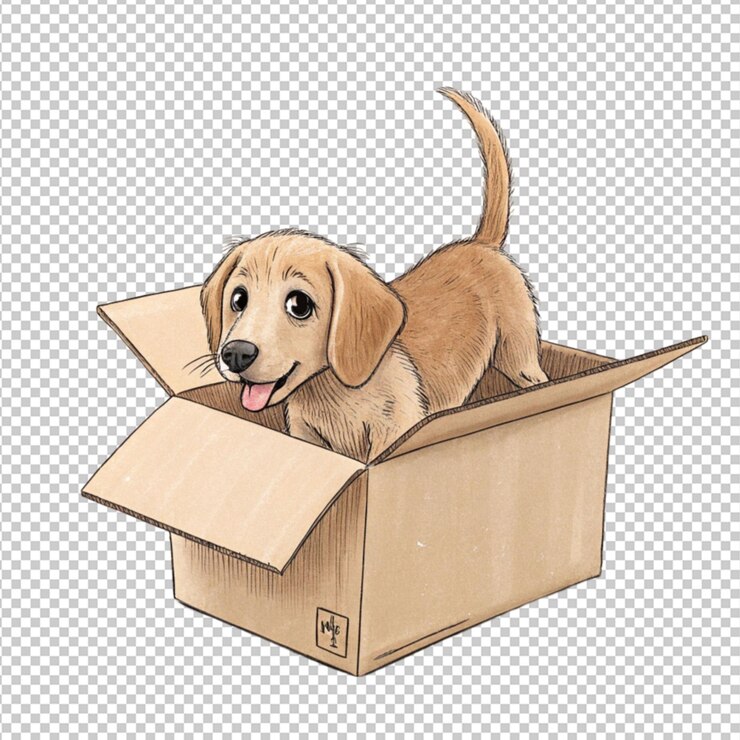 PSD dibuja a mano un cachorro lúdico en una caja de cartón