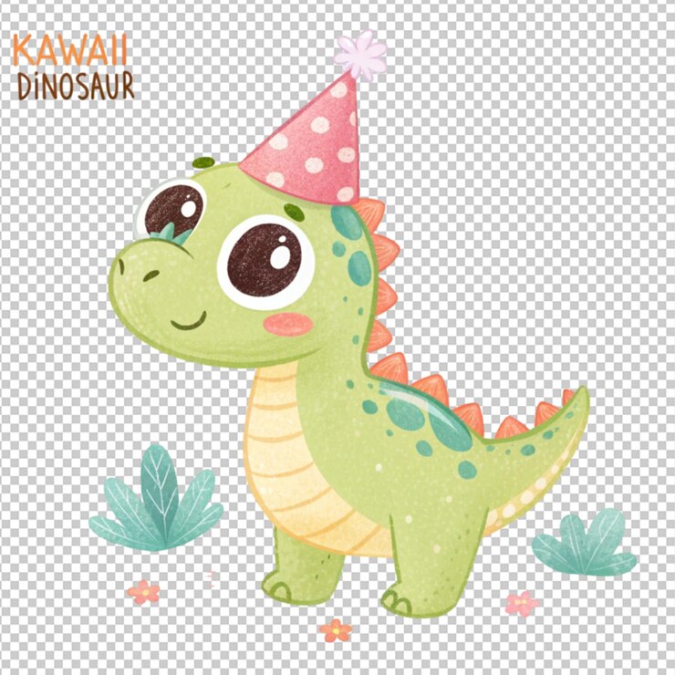 PSD dibujado a mano kawaii un pequeño dinosaurio con aparty