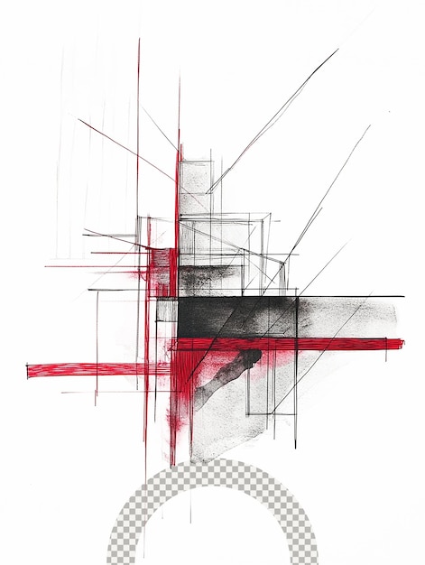 Dibujo abstracto con líneas negras y rojas que representan formas y estructuras geométricas