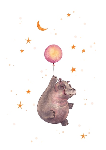 Dibujo de acuarela aislado de un lindo hipopótamo bebé volando en un globo entre las estrellas