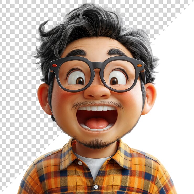PSD un dibujo animado de un hombre asiático alegre con gafas de pelo oscuro y una camisa a cuadros