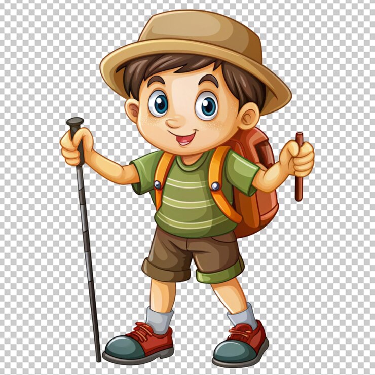 PSD dibujo animado de un niño excursionista en un fondo transparente