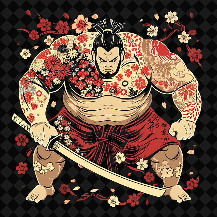 PSD un dibujo animado de un samurai con una espada y flores en él