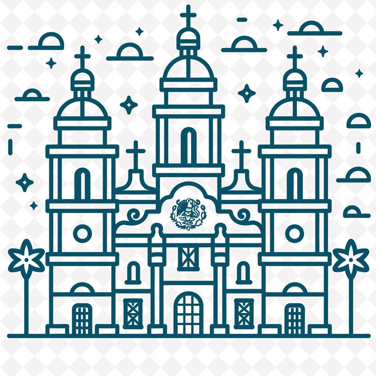 PSD un dibujo azul y blanco de una iglesia con una cruz en la parte superior