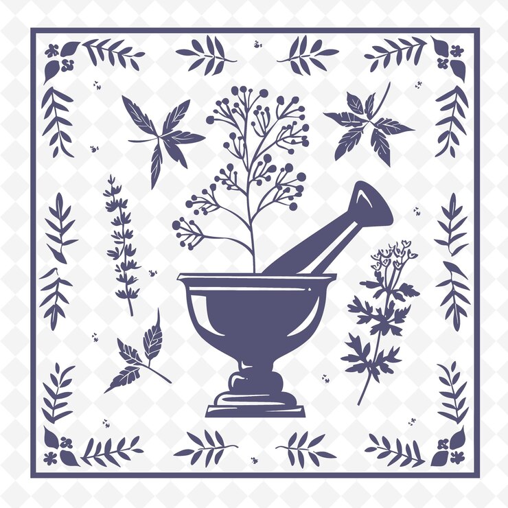 PSD un dibujo azul y blanco de una olla con una planta en ella