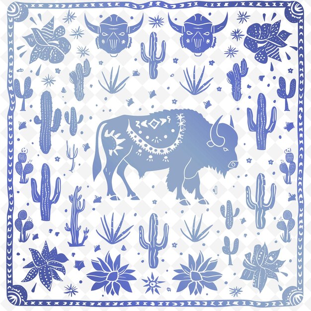 PSD un dibujo azul y blanco de una vaca con un fondo azul con flores azules