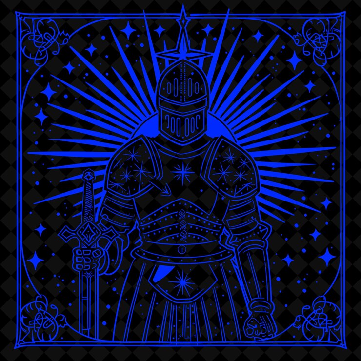 PSD un dibujo azul y negro de un caballero en un traje azul y negro