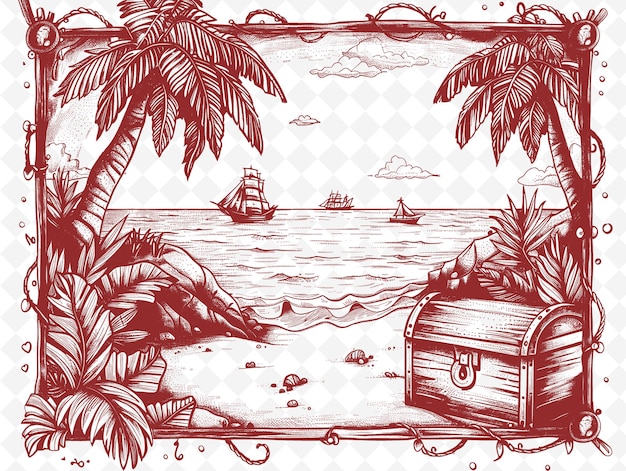 PSD un dibujo de un barco con una palmera y una caja de madera con un barco en el fondo