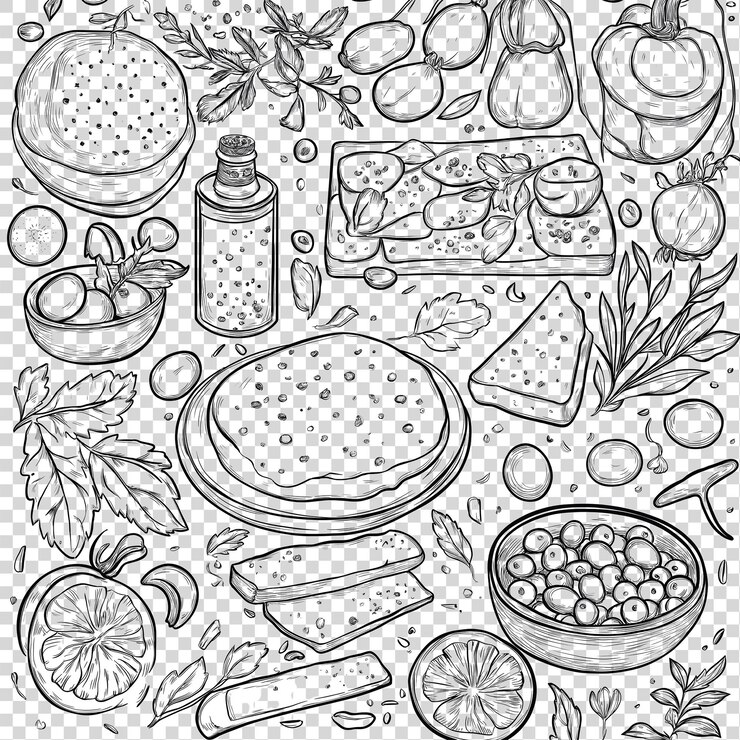 PSD un dibujo en blanco y negro de un alimento con una imagen de un limón y verduras