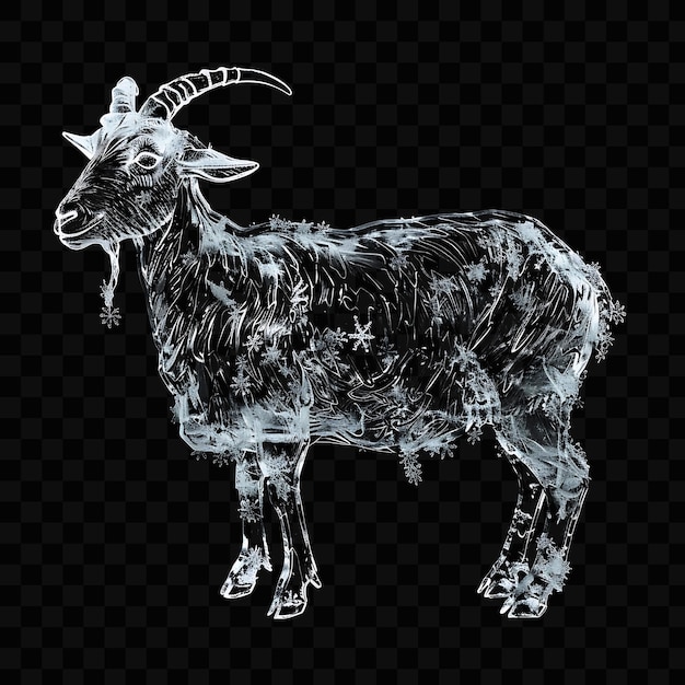 Un dibujo en blanco y negro de una cabra negra con cuernos y cuernos
