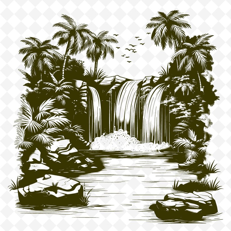 PSD un dibujo en blanco y negro de una cascada y palmeras