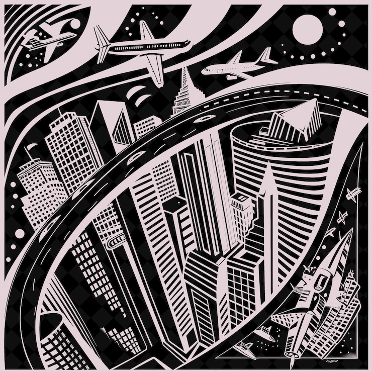PSD un dibujo en blanco y negro de una ciudad con una estrella en él