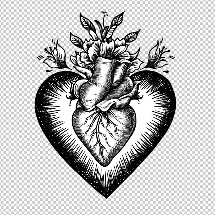 PSD un dibujo en blanco y negro de un corazón con un diseño floral ai